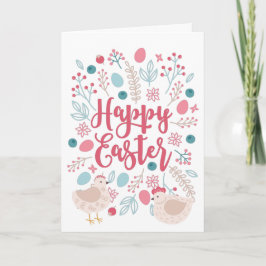 Tarjeta Festiva Pollos y flores felices de Pascua