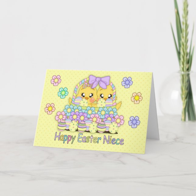 Tarjeta Festiva Polluelos lindos de Pascua de la sobrina en una (Anverso)