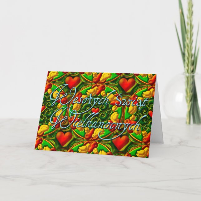 Tarjeta Festiva Polluelos y corazones de Wesołych Świąt (Anverso)