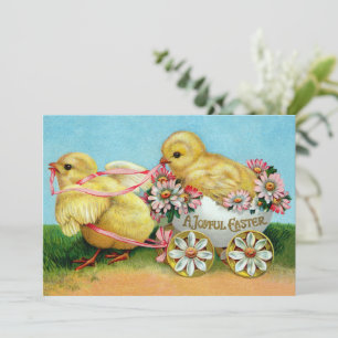 Tarjeta Festiva Polluelos y flores de Pascua Coloridos Vintage