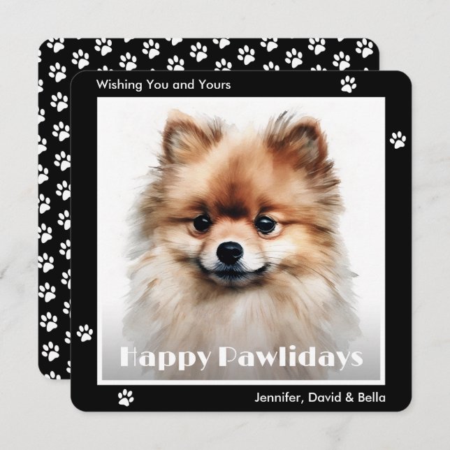 Tarjeta Festiva Pomeranian Dog Black Watercolor Christmas (Anverso / Reverso)