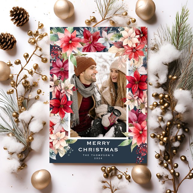 Tarjeta Festiva Ponsietta Floral Merry Christmas Photo (Subido por el creador)