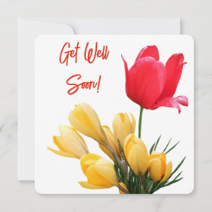 Tarjeta Festiva Ponte bien pronto crocus amarillo tulipán rojo div