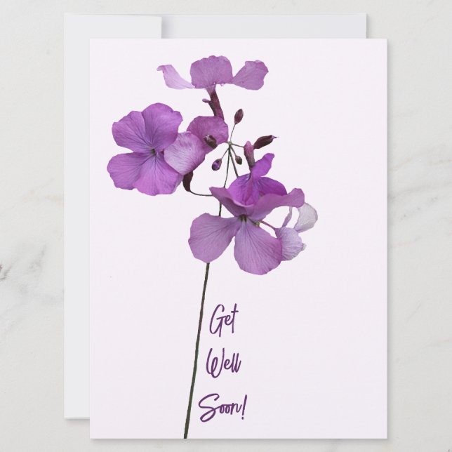 Tarjeta Festiva Ponte bien pronto las flores moradas moda divertid (Anverso)