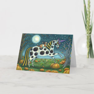 Tarjeta Festiva PONY DE HALLOWEEN CON MANCHAS Y GATO MURCIÉLAGO En