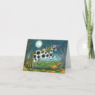 Tarjeta Festiva PONY MANCHADO DE HALLOWEEN Y GATO MURCIÉLAGO en Bl