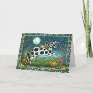 Tarjeta Festiva PONY PINTA DE HALLOWEEN & GATO MURCIÉLAGO Caballo
