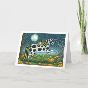 Tarjeta Festiva PONY PINTA DE HALLOWEEN Y GATO MURCIÉLAGO Caballo