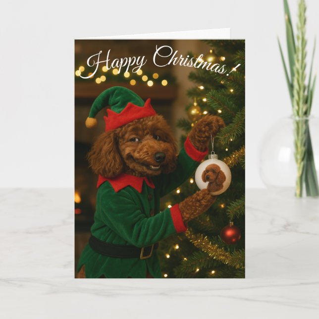 Tarjeta Festiva Poodle Elf cute funny bauble Christmas card (Anverso)