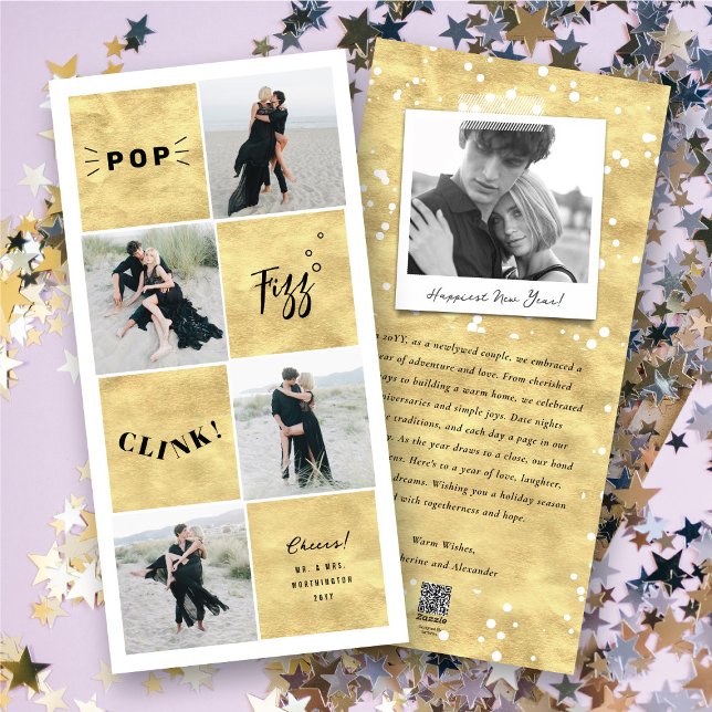 Tarjeta Festiva Pop Fizz Clink Año Nuevo Bloquea 4 Collages de fot (Pop Fizz Clink New Year Blocks 4 Photo Collage Holiday Card @ fat_fa_tin)