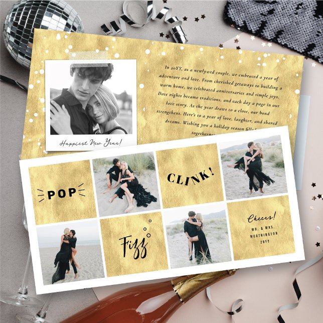 Tarjeta Festiva Pop Fizz Clink Año Nuevo Bloquea 4 Collages de fot (Pop Fizz Clink New Year Blocks 4 Photo Collage Holiday Card @ fat_fa_tin)