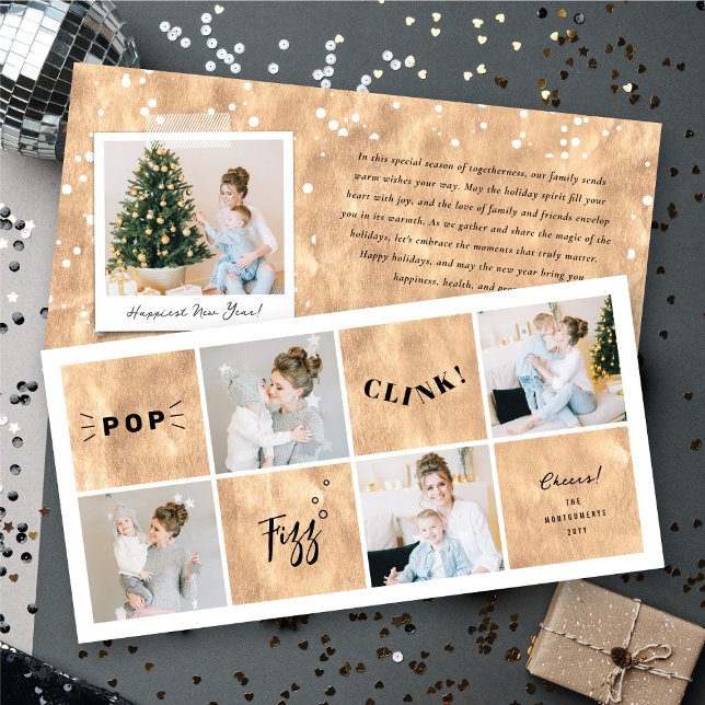 Tarjeta Festiva Pop Fizz Clink Año Nuevo Bloquea 4 Collages de fot (Pop Fizz Clink New Year Blocks 4 Photo Collage Holiday Card @ fat_fa_tin)