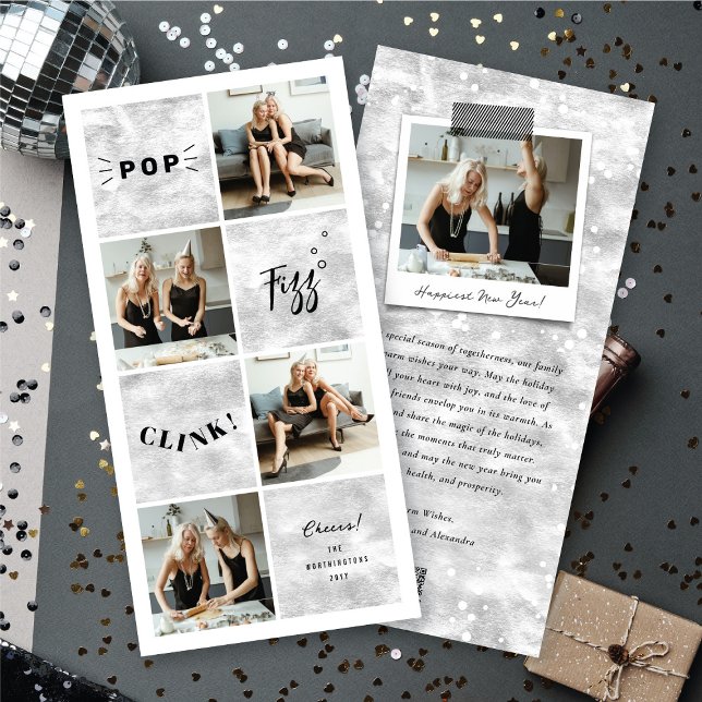 Tarjeta Festiva Pop Fizz Clink Año Nuevo Bloquea 4 Collages de fot (Pop Fizz Clink New Year Blocks 4 Photo Collage Holiday Card @ fat_fa_tin)