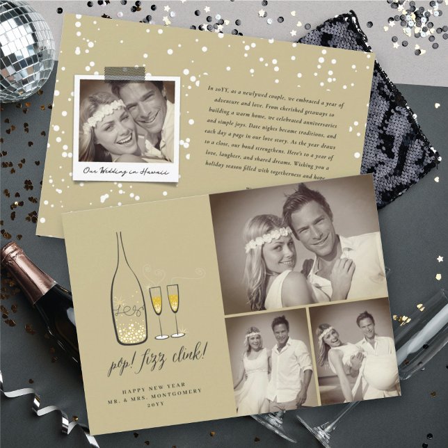 Tarjeta Festiva Pop Fizz Clink Elegante Gold Champagne Moda 3 Foto (Pop Fizz Clink Stylish Gold Champagne Chic 3 Photo Holiday Card @ fat_fa_tin)
