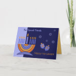 Tarjeta Festiva Por amigos especiales en Hanukkah<br><div class="desc">Feliz Hanukkah para amigos especiales. Menorah y Dreidels diseñan tarjetas de felicitación de Personalizable. Tarjetas y regalos coincidentes disponibles en la categoría Festividades Judías / Hanukkah de nuestra tienda.</div>