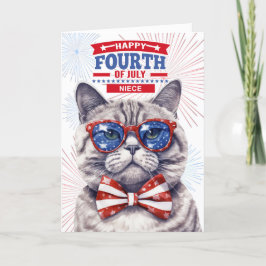 Tarjeta Festiva por la sobrina 4 de julio Gato Patriótico Cute