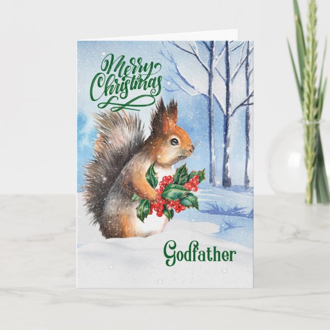 Tarjeta Festiva por los Navidades padrinos Squirrel Winter Woodlan (Anverso)