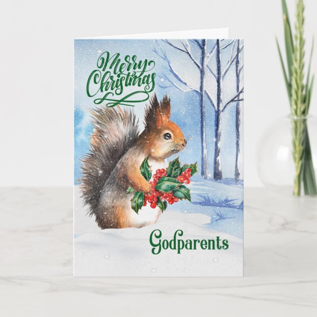Tarjeta Festiva por los padrinos Navidades Squirrel Winter Woodlan (Anverso)