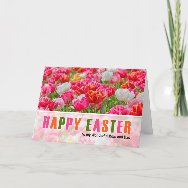 Tarjeta Festiva por mamá y papá en Easter Tulip Garden (Anverso)