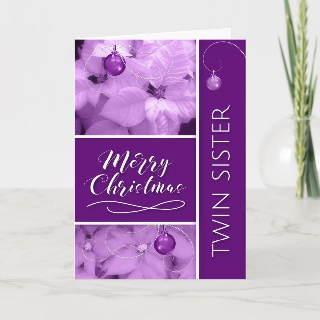 Tarjeta Festiva por Navidades gemelos Purple Poinsetta (Anverso)