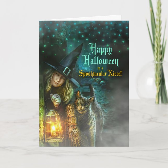 Tarjeta Festiva por Niece Witch and Cat Halloween (Anverso)
