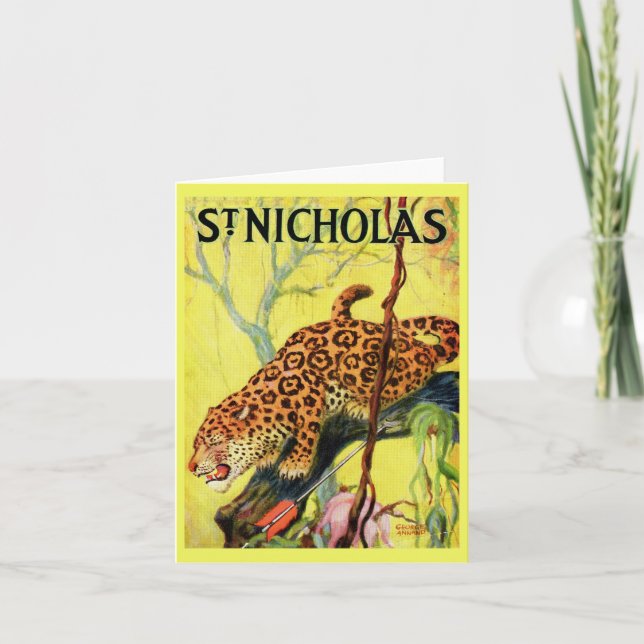 Tarjeta Festiva portada de revista St. Nicholas de 1929 con leopar (Anverso)