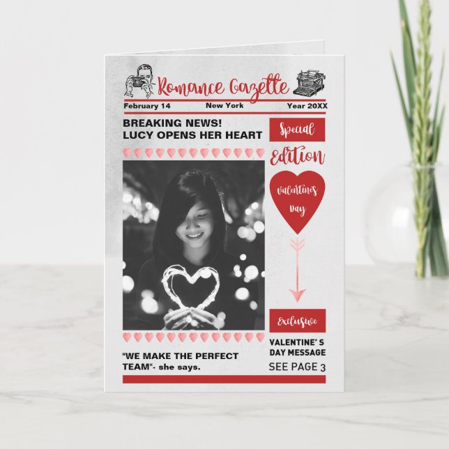 Tarjeta Festiva Portada del periódico el día de San Valentín (Anverso)