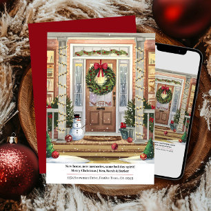 Tarjeta Festiva Pórtico delantero navideño acogedor en casa nueva