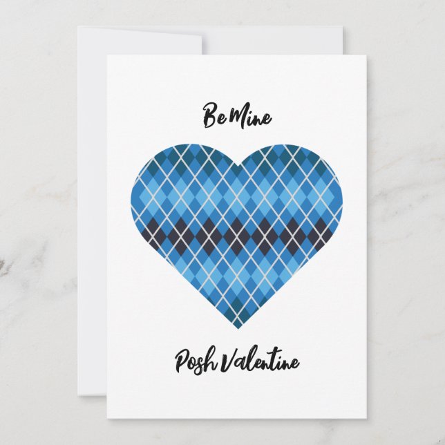 Tarjeta Festiva Posh Argyle Azul oscuro Gran Corazón San Valentín (Anverso)