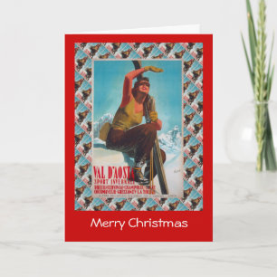 Tarjeta Festiva Poster del esquí del vintage, Italia, Valle de
