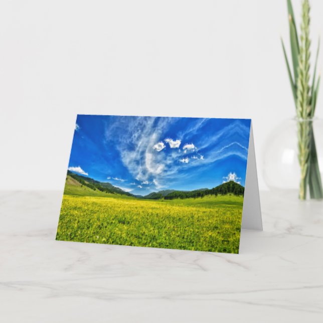 Tarjeta Festiva Prado de primavera y cielo azul (Anverso)