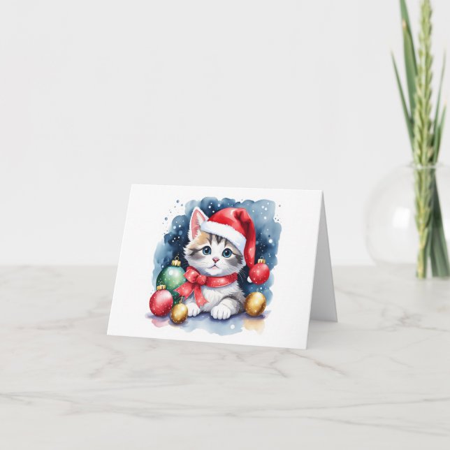 Tarjeta Festiva Precioso gatito gris y blanco de Santa con blanco (Anverso)