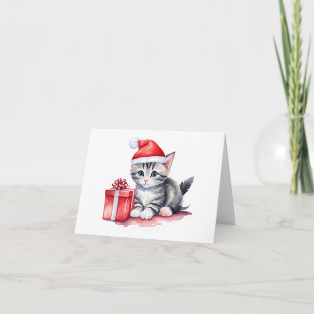 Tarjeta Festiva Precioso Gris y blanco Santa Kitten BLANK (Anverso)