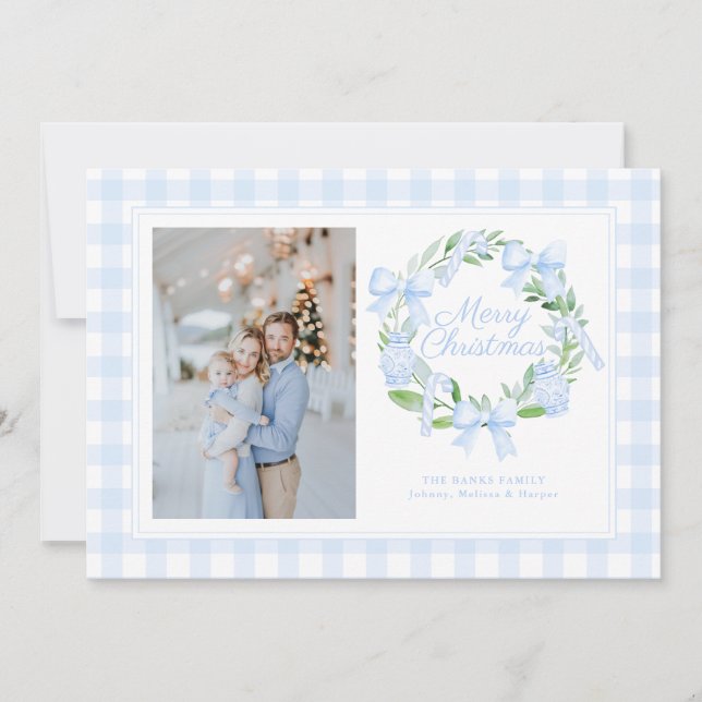 Tarjeta Festiva Preppy Chinoiserie Ginger Jar Bows Wreath (Anverso)