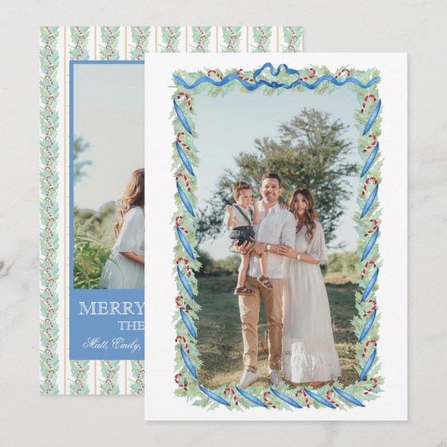 Tarjeta Festiva Preppy Christmas Garland Nutcracker Candy 2 Photos (Anverso / Reverso)