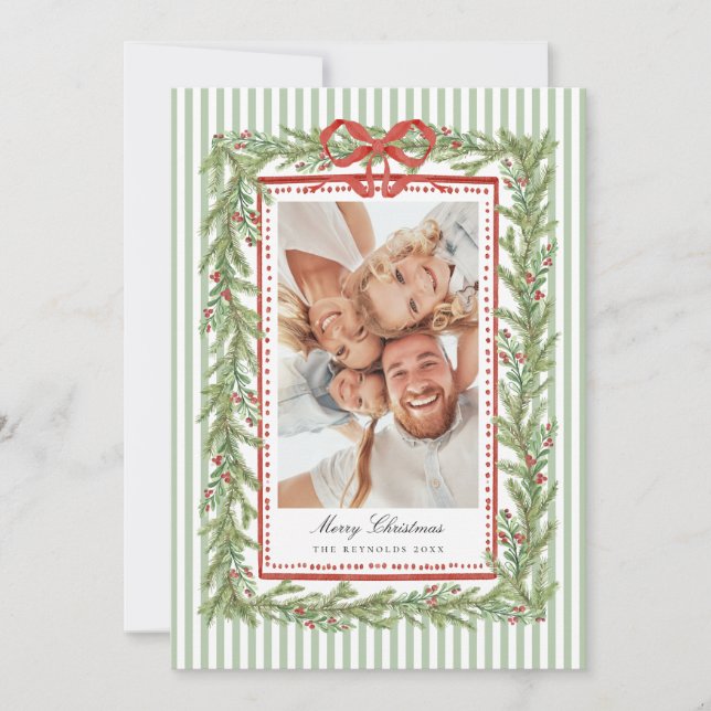 Tarjeta Festiva Preppy Coastal Bow Family Photo Christmas Holiday  (Anverso)