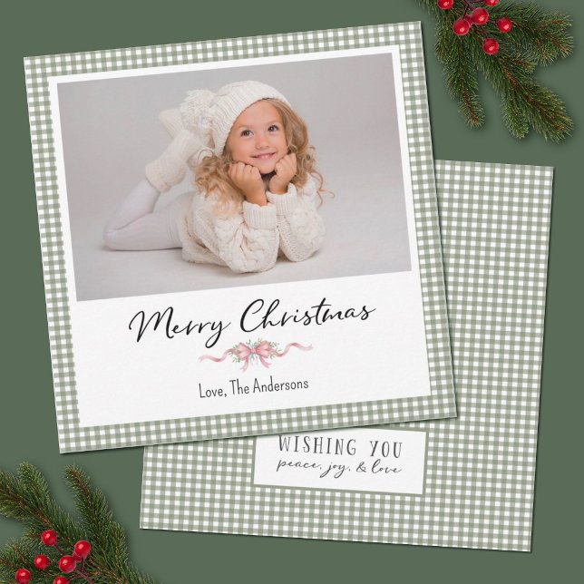 Tarjeta Festiva Preppy Green Gingham Christmas Photo Card (A cute and festive green gingham plaid photo Christmas Card. Personalize with your photo and info.)