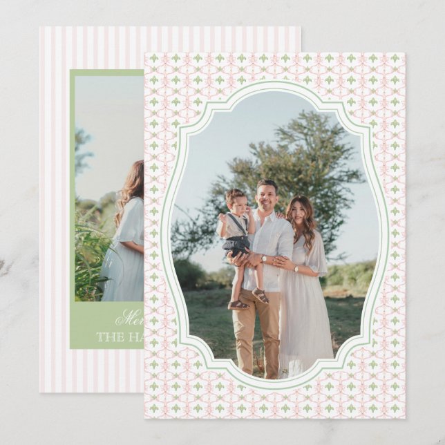 Tarjeta Festiva Preppy Pink Bow Christmas Nutcracker 2 Photos  (Anverso / Reverso)