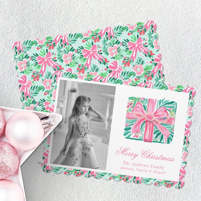Tarjeta Festiva Preppy Pink & Green Palm Beach Christmas Present (Subido por el creador)