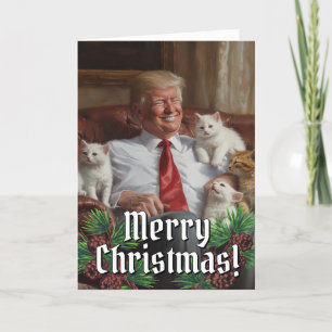 Tarjeta Festiva Presidente Donald Trump gatilla a Navidades gatito