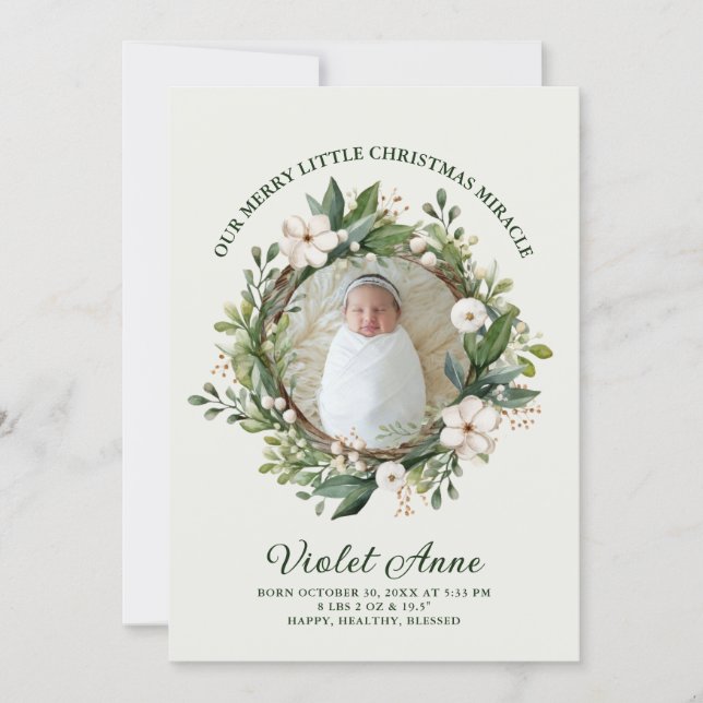 Tarjeta Festiva Pretty New Baby Photo Wreath Christmas Miracle (Anverso)