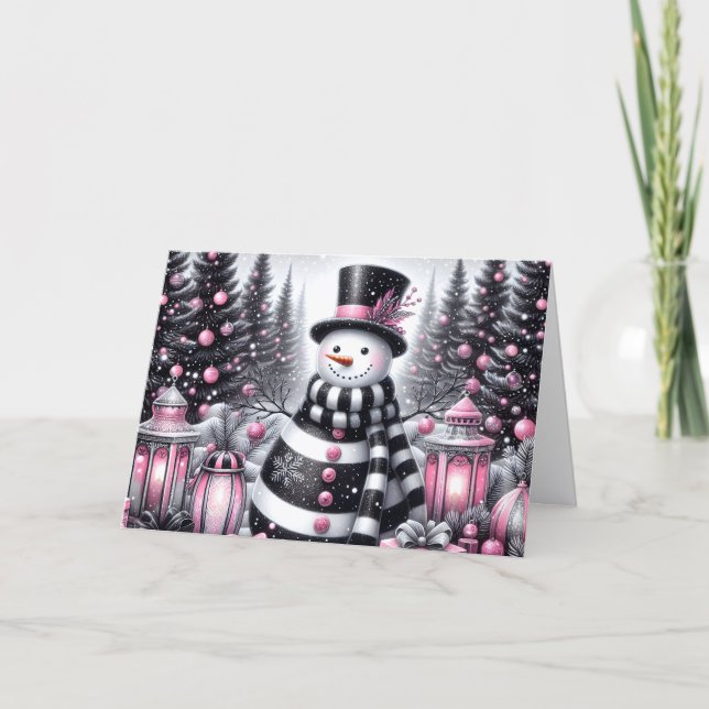 Tarjeta Festiva Pretty Pink and Black Snowman Christmas (Anverso)