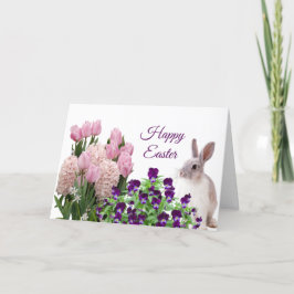 Tarjeta Festiva Primavera de Conejo Floral Púrpura de Pascua