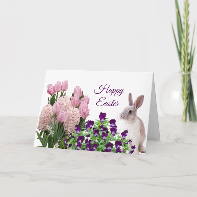 Tarjeta Festiva Primavera de Conejo Floral Púrpura de Pascua (Anverso)