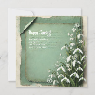 Tarjeta Festiva Primavera feliz con flores de nieve verde