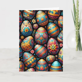 Tarjeta Festiva Primavera Huevos estilo ruso arte negro rojo boho