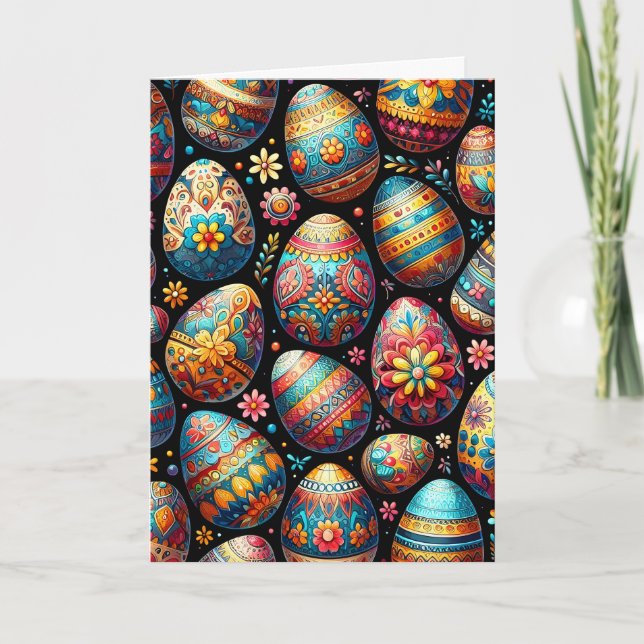 Tarjeta Festiva Primavera Huevos estilo ruso arte negro rojo boho (Anverso)