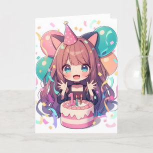 Tarjeta Festiva Primer Gato de Chica Anime de Cumpleaños