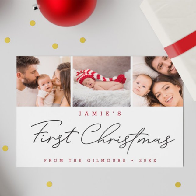 Tarjeta Festiva Primer Personalizado navideño moderno 3 fotos (Baby's first christmas photo holiday card.)