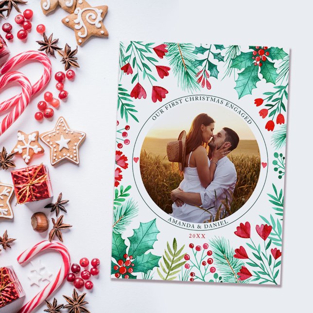 Tarjeta Festiva Primera acuarela de fotos de parejas involucradas  (Our First Christmas Engaged Watercolor Foliage Holiday Card)